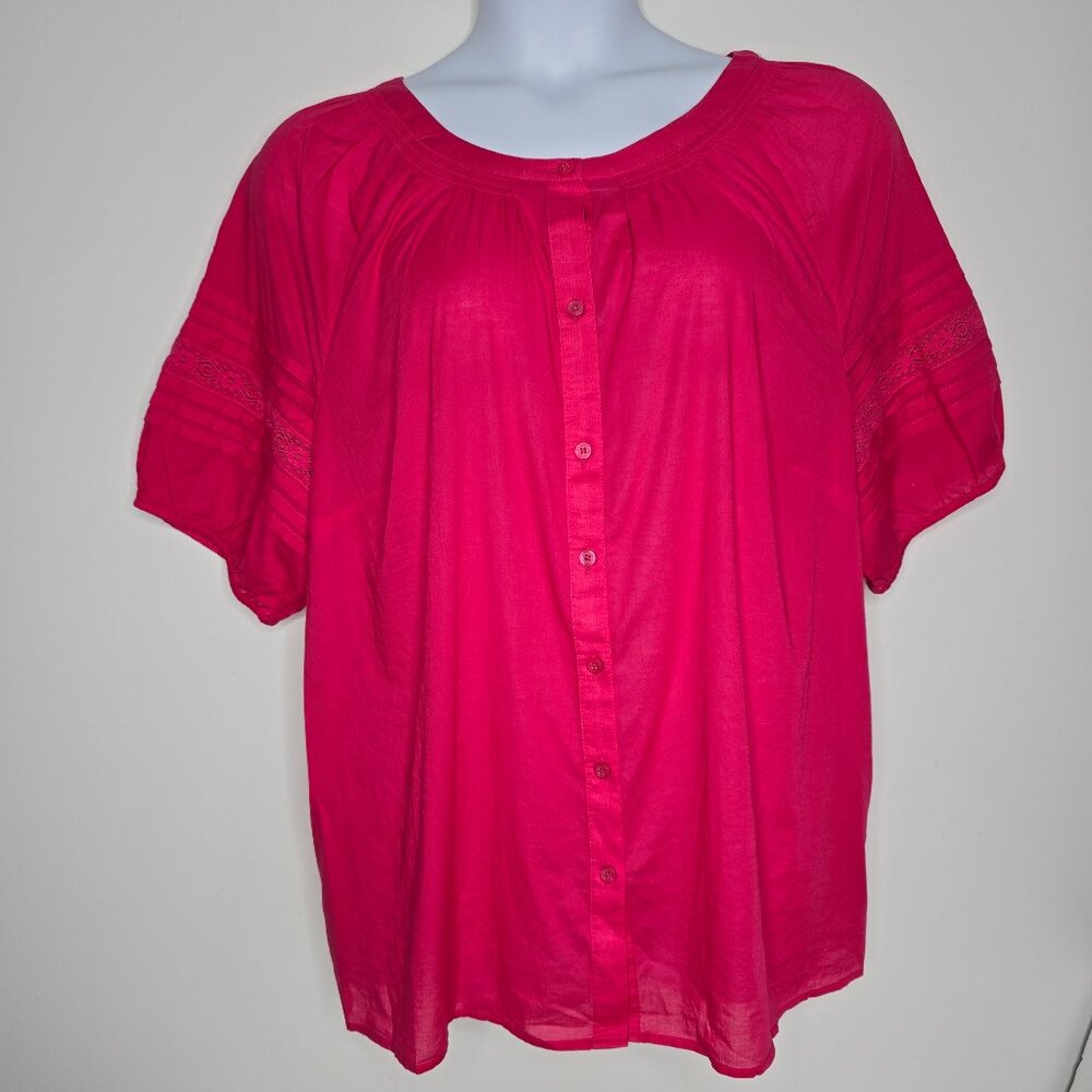 Talbots Womens‎ Top Blouse 2X Hot Pink Short Sleeves Button Lightweight Cotton